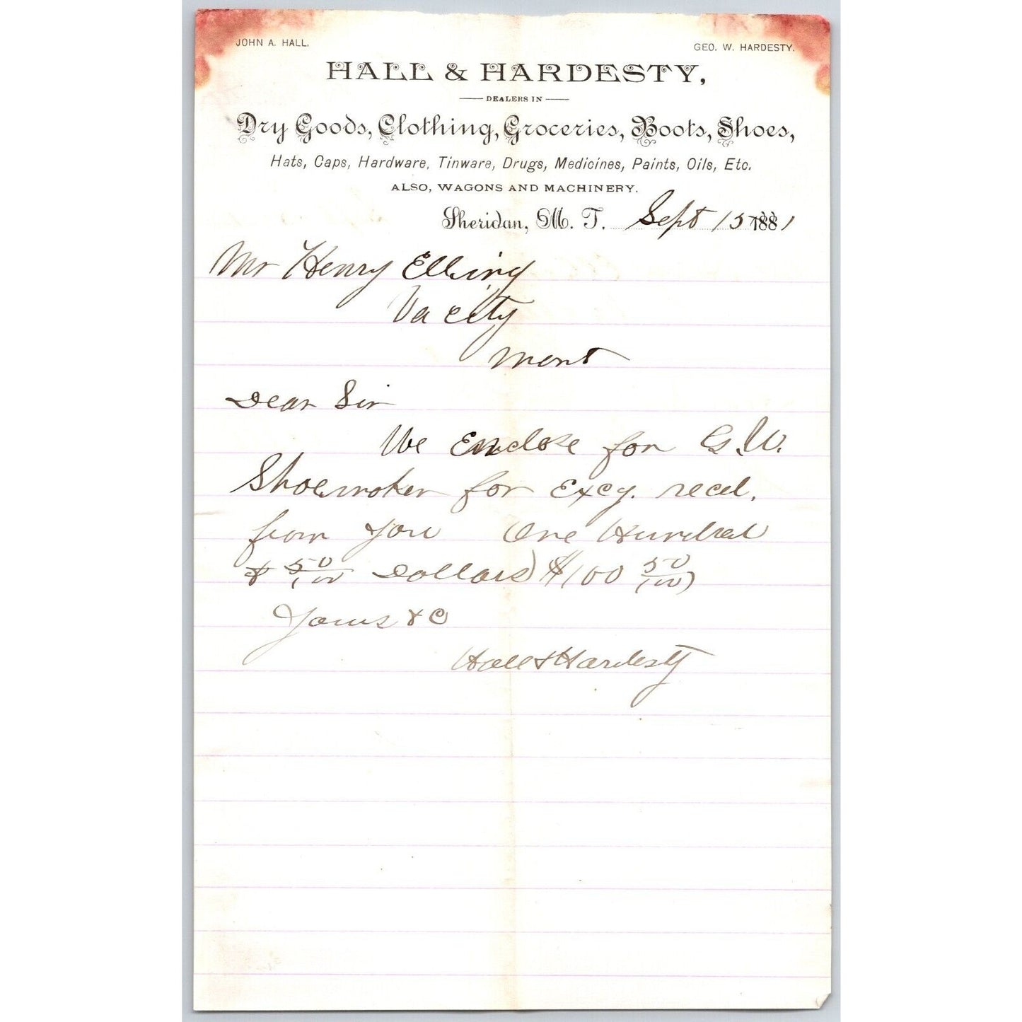 Hall & Hardesty Dry Goods Sheridan, MT 1881 ALS / Letterhead Henry Elling*