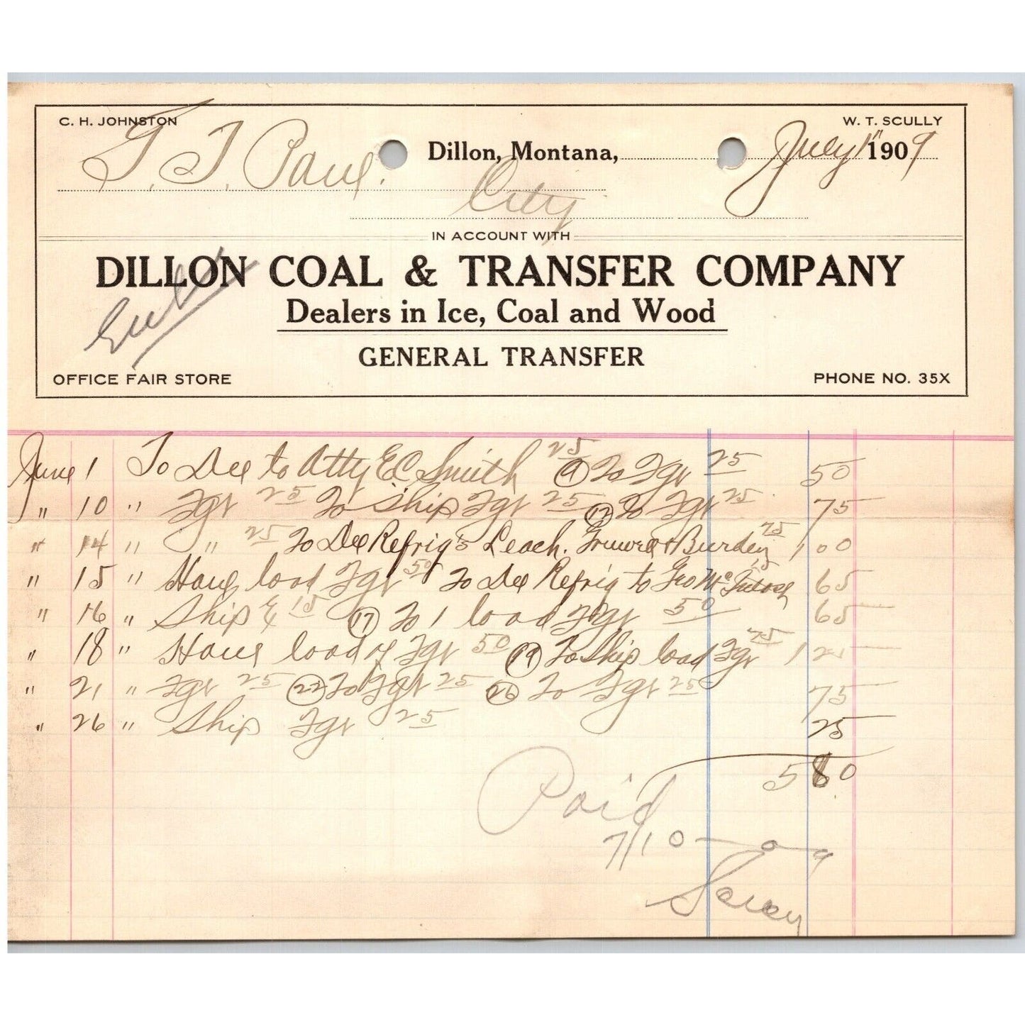 Dillon, MT Dillon Coal & Transfer Co Ice Wood Jul. 1909 Billhead G.T. Paul*