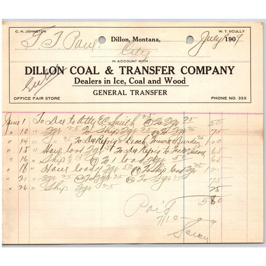 Dillon, MT Dillon Coal & Transfer Co Ice Wood Jul. 1909 Billhead G.T. Paul*