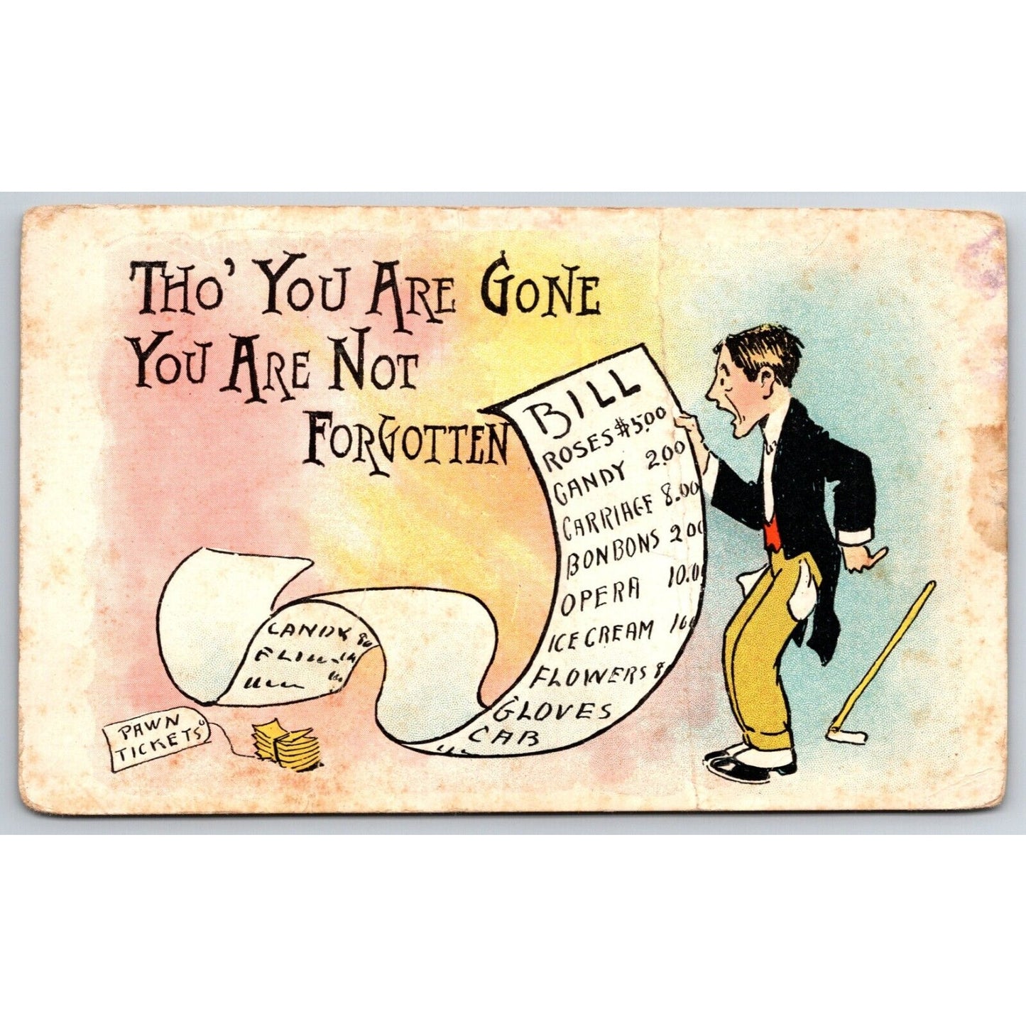 Funny Sticker Shock Postcard - Man is Surprised at Romancing Bill / Pawn c1915
