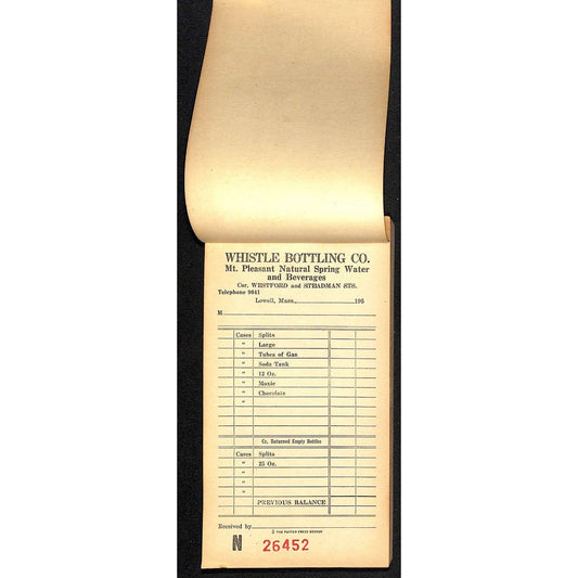 Whistle Bottling Co. Lowell, MA 1950's 50 Double Sheet Receipt Pad w/ Carbon