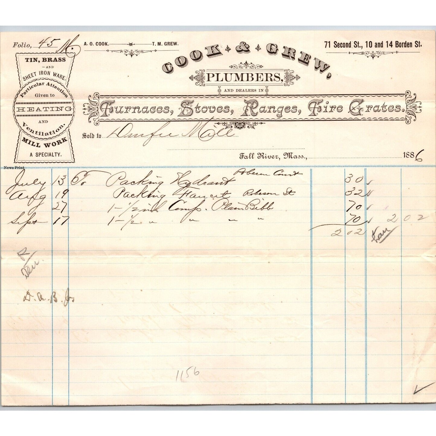Cook & Crew Plumbers Furnaces Fall River, MA 1886 Billhead - VGC Scarce