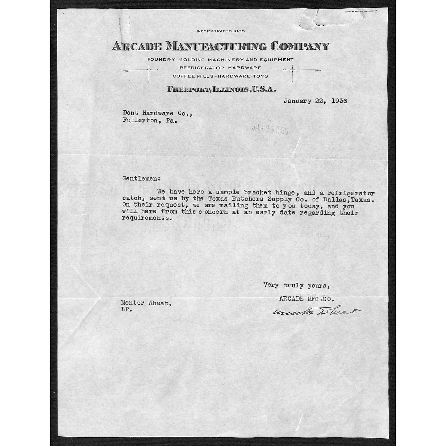 Freeport, IL Arcade Manufacturing Co Foundery Molding Machinery 1936 Letterhead