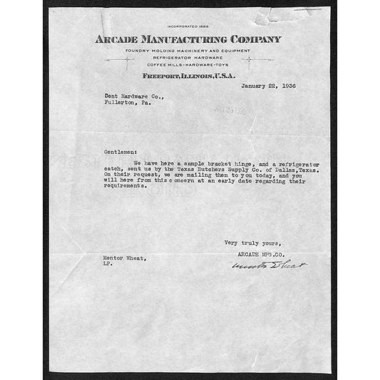 Freeport, IL Arcade Manufacturing Co Foundery Molding Machinery 1936 Letterhead