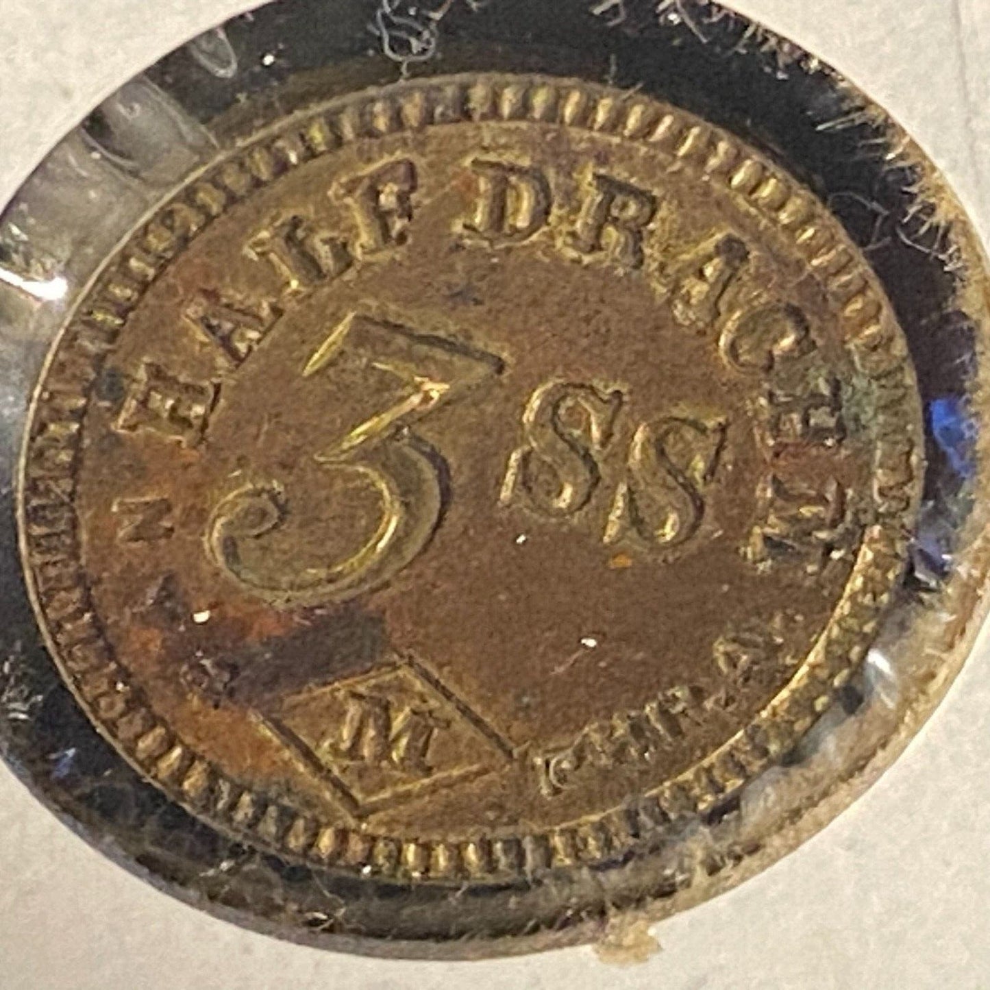 Half Drachm 3SS (John Maris) Phil. NY Apothecary Weight Brass 15mm 2g Token