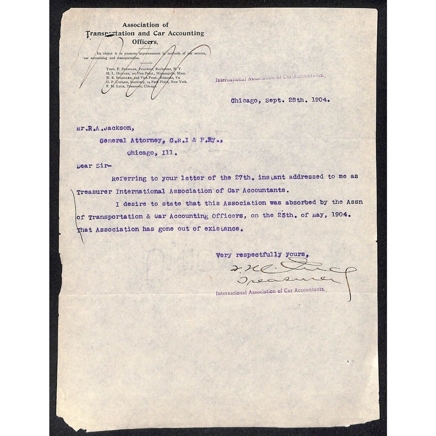 Association of Transportation and Car Accounting Officers 1904 Letterhead