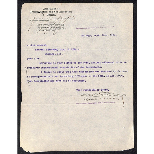 Association of Transportation and Car Accounting Officers 1904 Letterhead