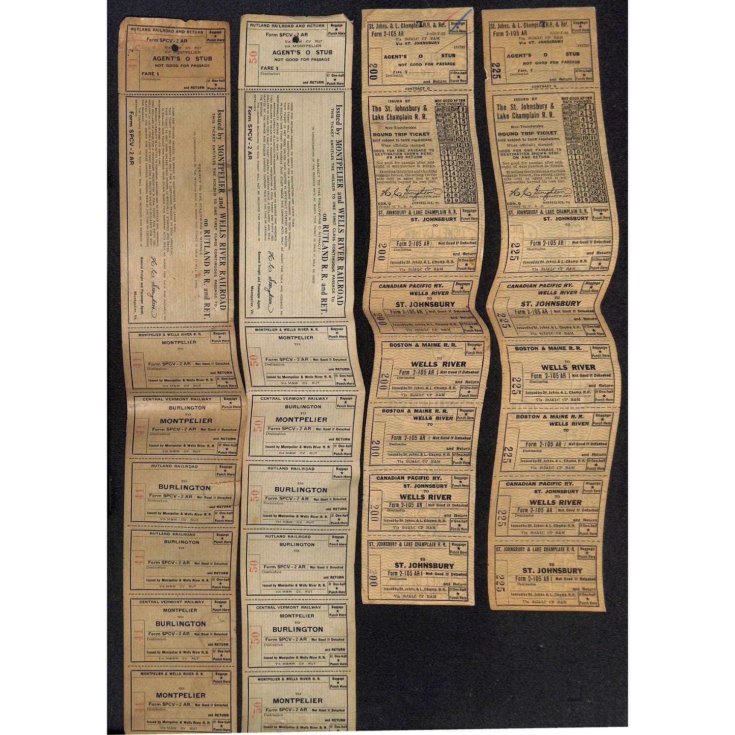 10 St. Johnsbury & Lake Champlain / Montpellier and Wells River RR Tickets c1940