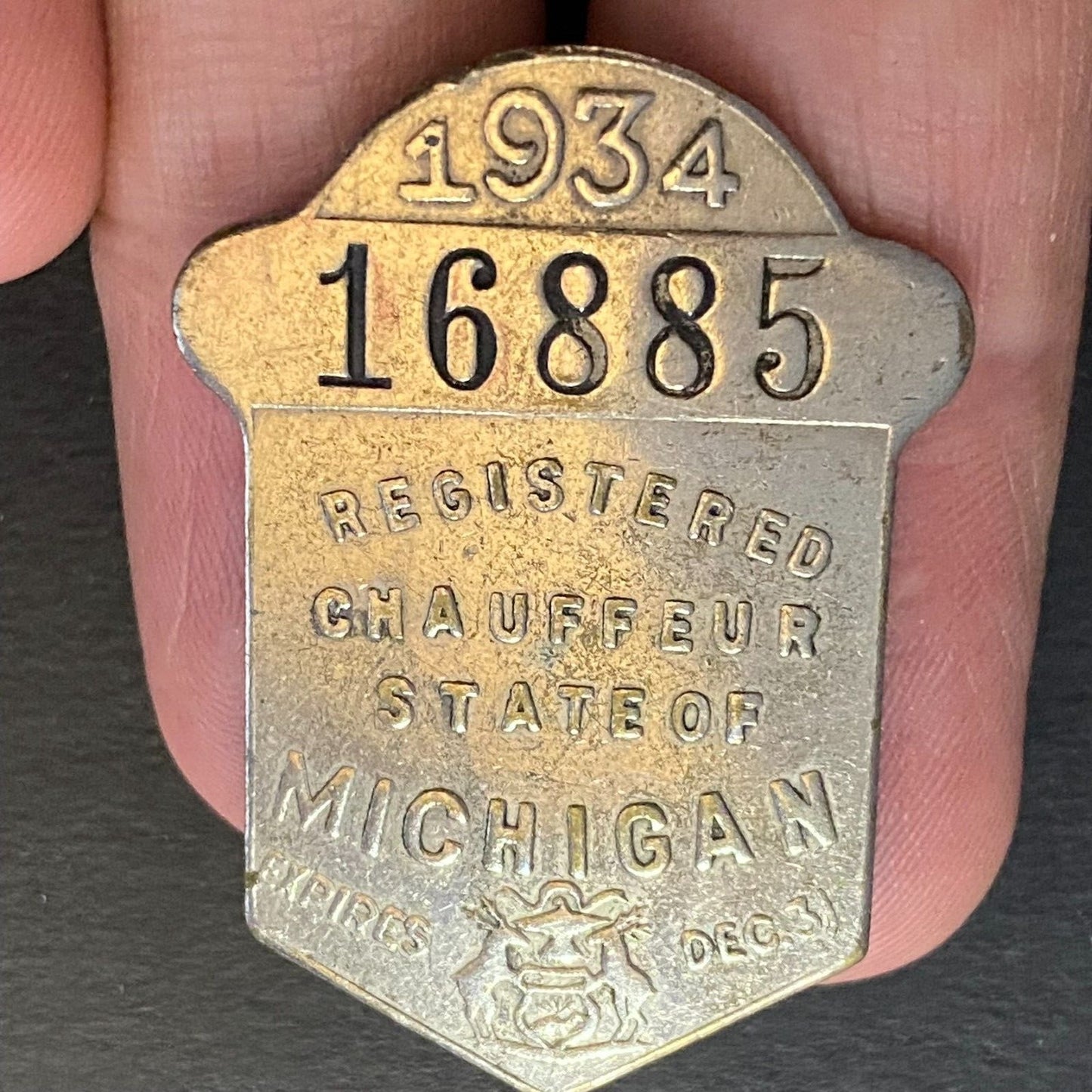1934 Michigan Licensed Registered Chauffeur Badge Metal Pin Back Driver #16885