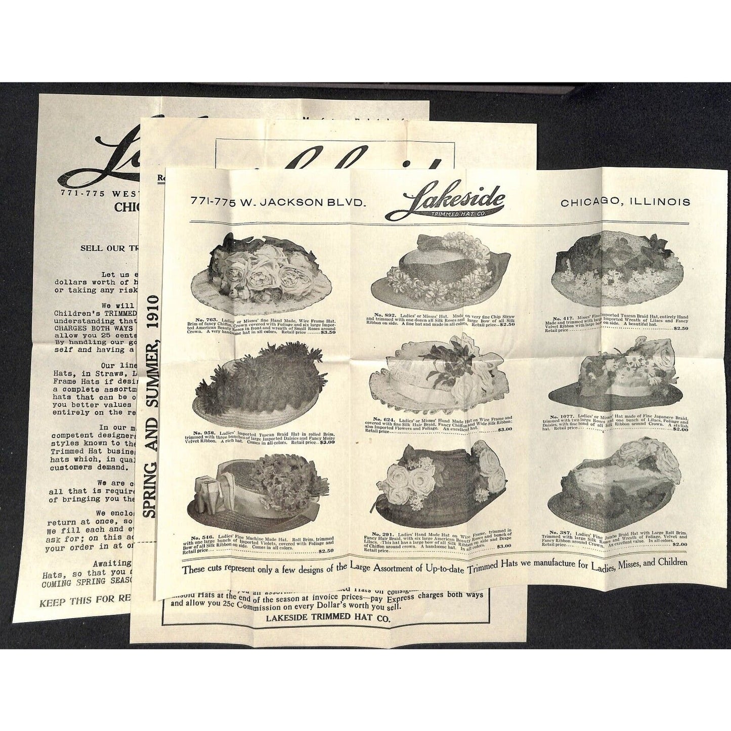 Chicago Lakeside Trimmed Hat Co. 1910 Product Sheet & Return Cover Knowlton*