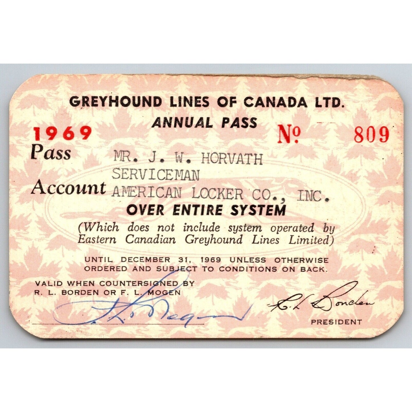 Greyhound Lines of Canada 1969 Annual / Yearly Bus Pass #809