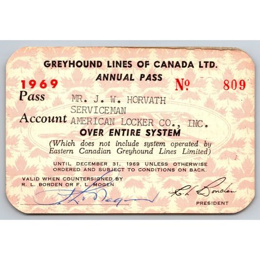 Greyhound Lines of Canada 1969 Annual / Yearly Bus Pass #809