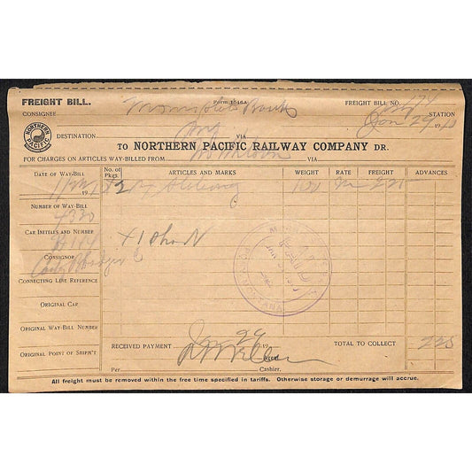 Northern Pacific Railway 1910 Freight Receipt for 100 lbs. of ?? Pony, MT
