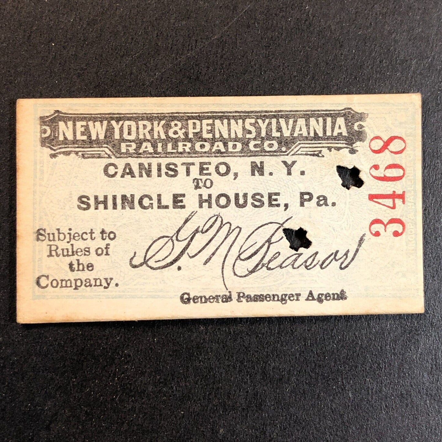 New York & Pennsylvania Railroad July 11 1917 Shingle House Ticket #3468 Scarce