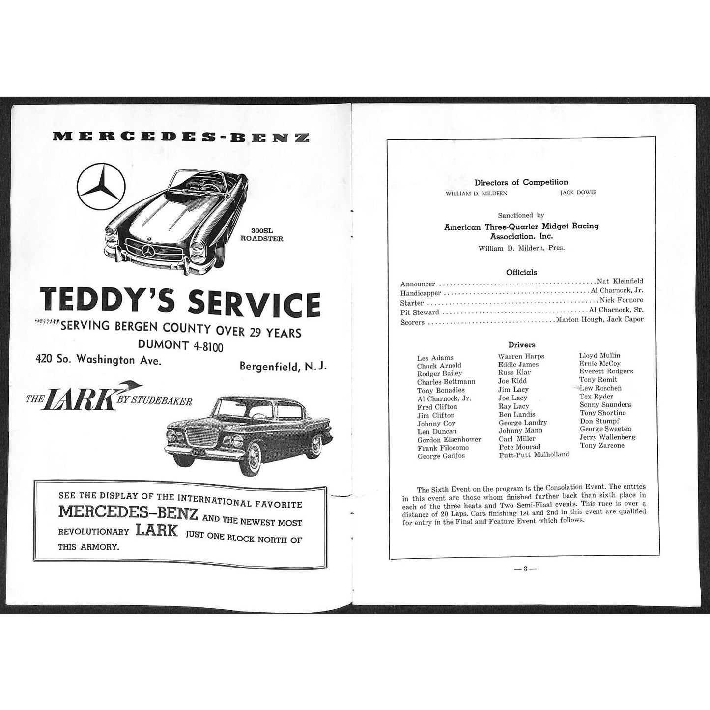 Teaneck Armory 1959 Season Sat Night Midget Race Auto Racing Program 8pp* Scarce