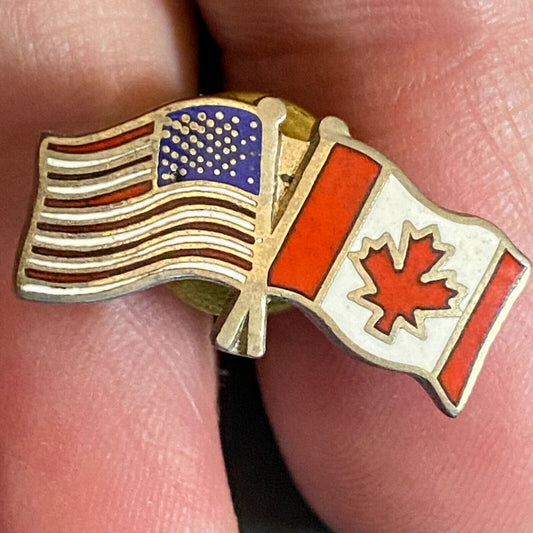 American / Canadian Flag Enameled Lapel Pin Vintage Small 11mm x 22mm