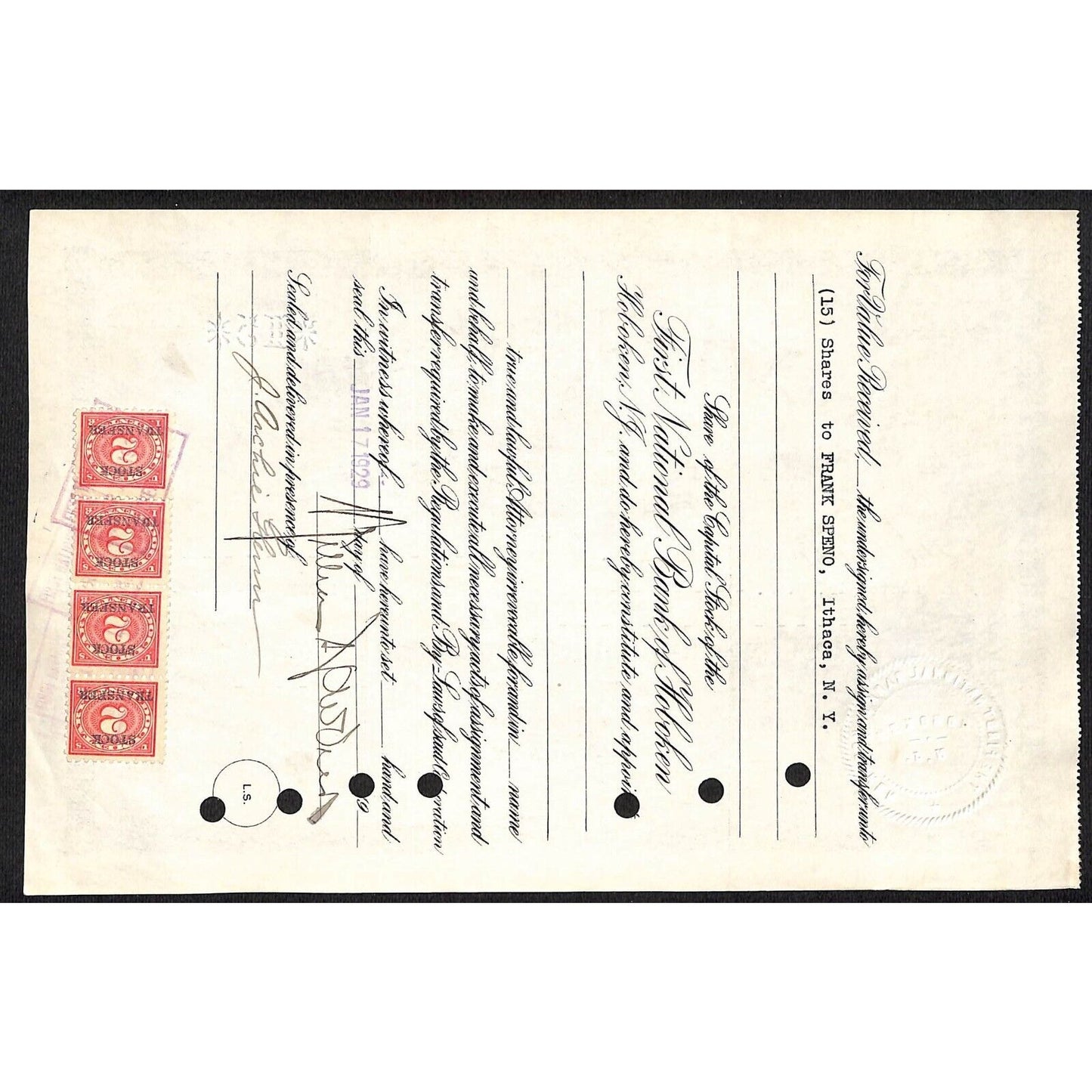 First National Bank of Hoboken NJ 1929 Stock Certificate to William H. De Veer