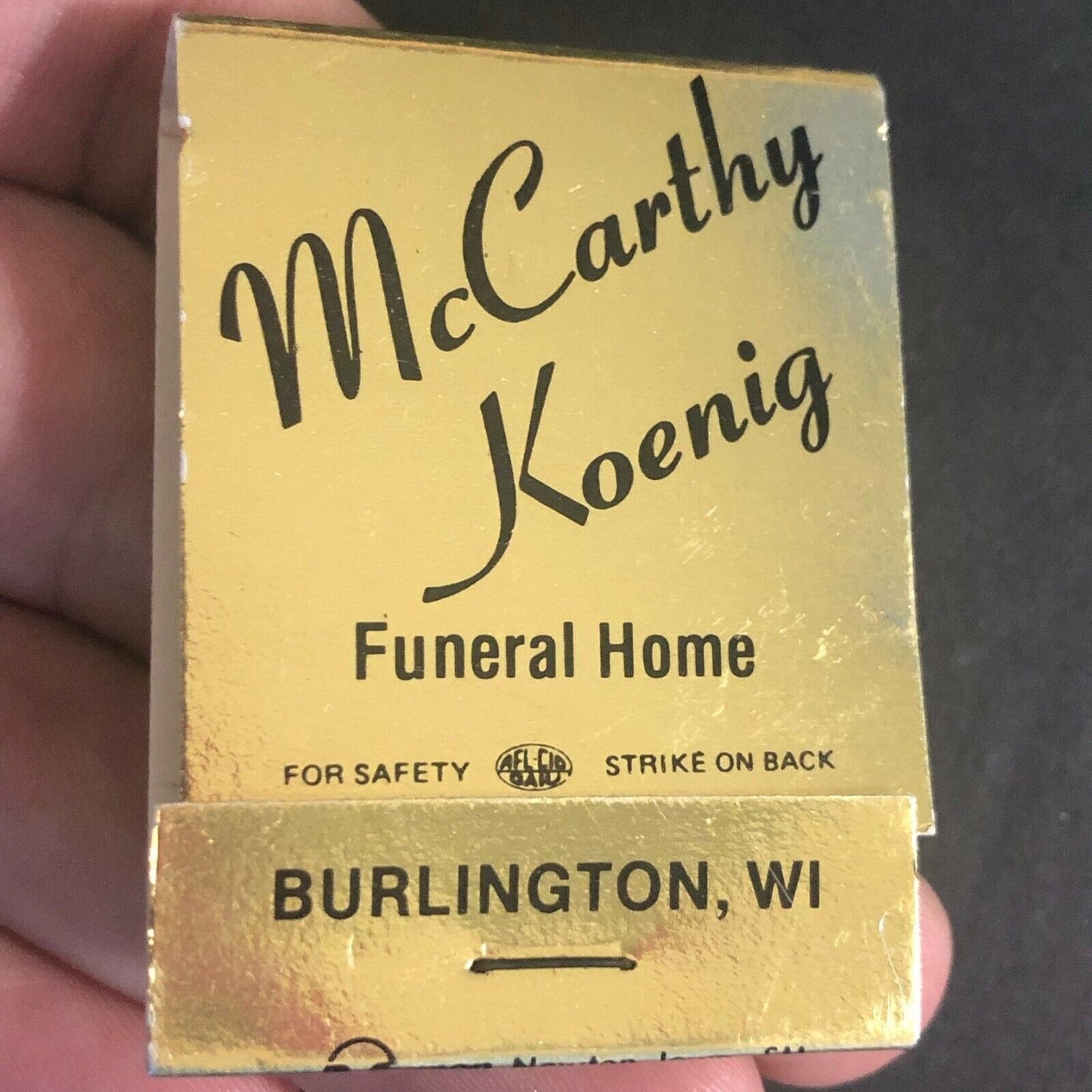 Burlington WI McCarthy Koenig Funeral Home c1970's-80's Full Matchbook