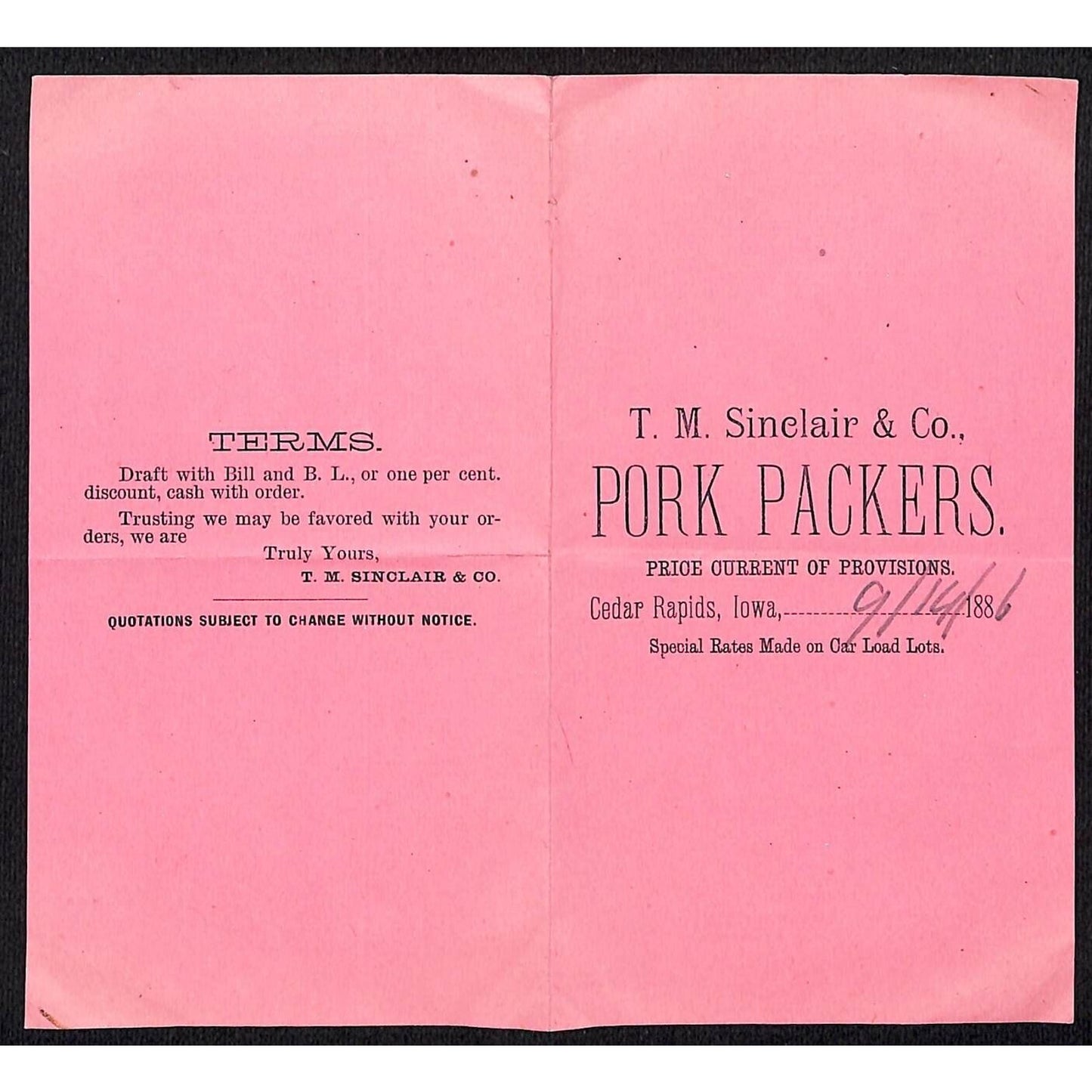 T.M. Sinclair & Co. Pork Packers Cedar Rapids, IA Small Price Sheet 9/14 1886
