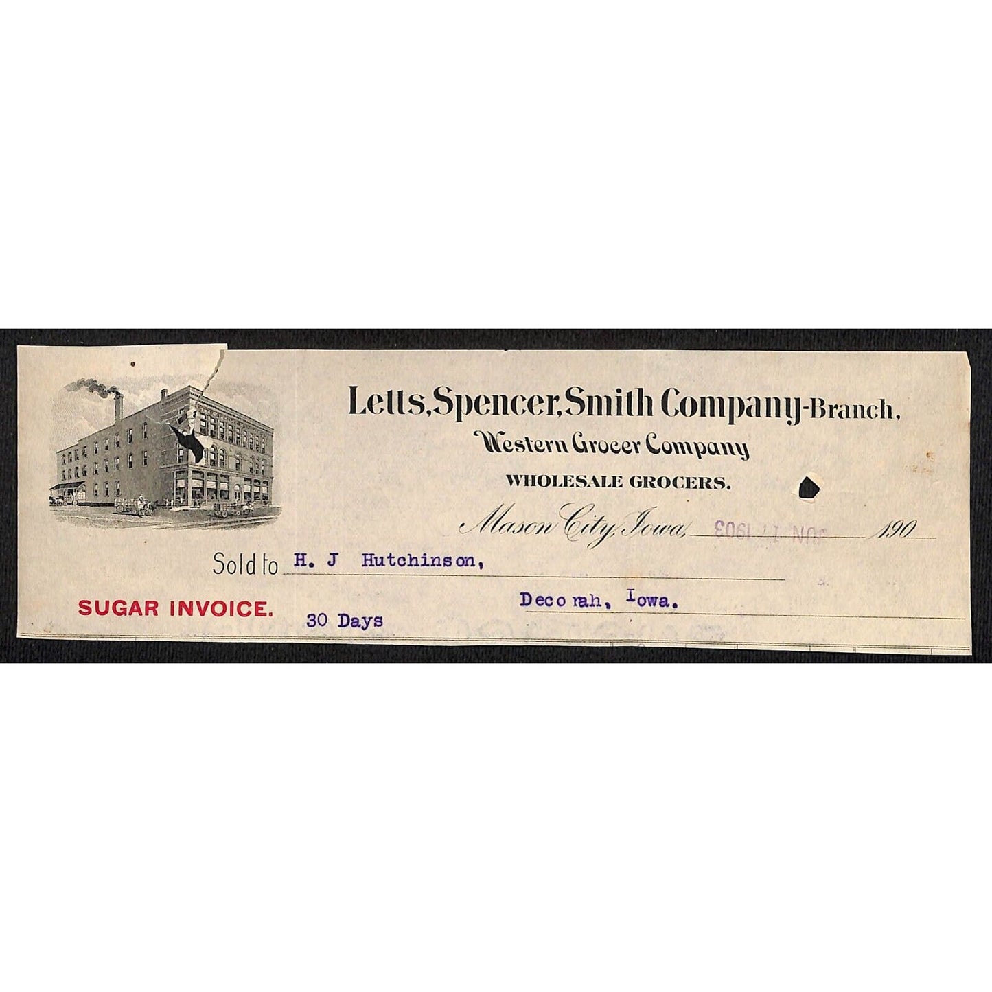 Letts, Spencer, Smith Co. Grocer Mason City IA - Hutchinson* 1903 Cut Billhead