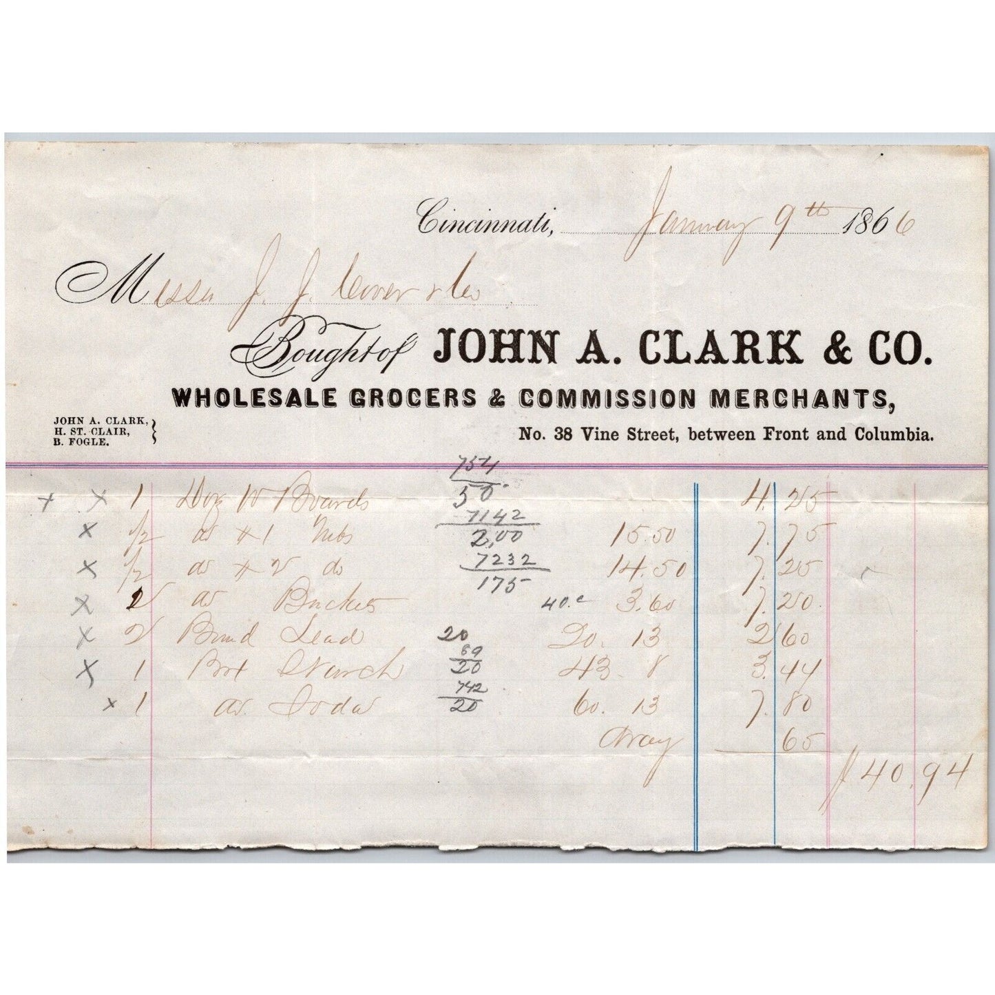John A. Clark & Co. Grocer Cincinnati 1866 Billhead VGC Scarce