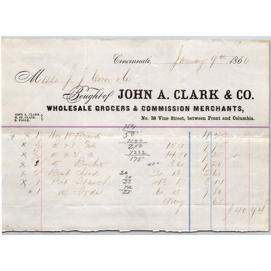 John A. Clark & Co. Grocer Cincinnati 1866 Billhead VGC Scarce