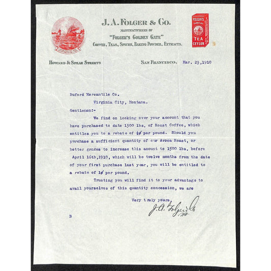 J. A. Folger Coffee 1910 Letterhead to Buford* re: 1,300 lbs. of Roasted Coffee