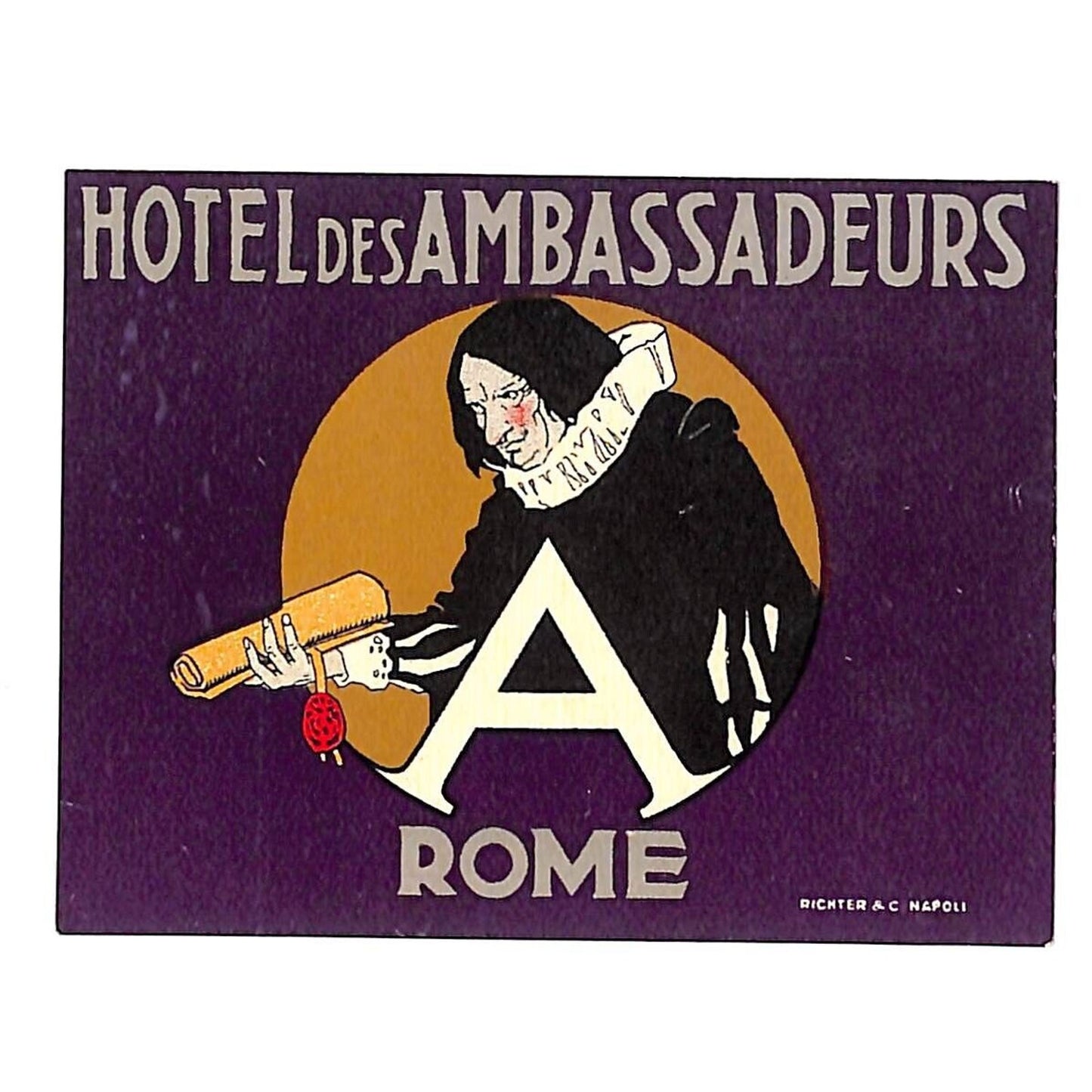 Hotel des Ambassadeurs Rome Luggage Label Vintage Original 2 1/2" x 3 1/2" VGC