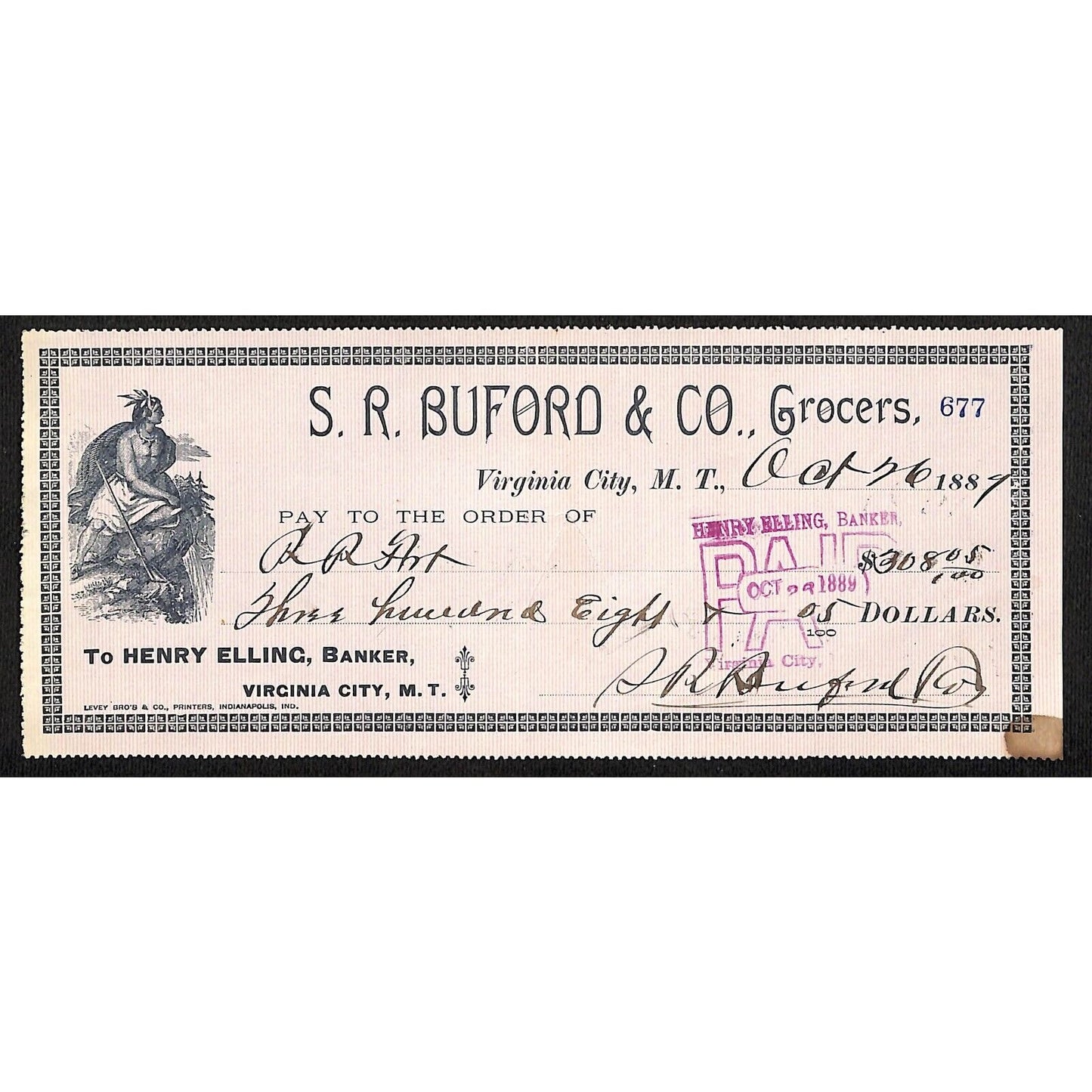 1889 Henry Elling Virginia City Montana Territory S.R. Buford Grocers Check #677