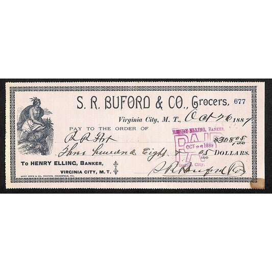 1889 Henry Elling Virginia City Montana Territory S.R. Buford Grocers Check #677
