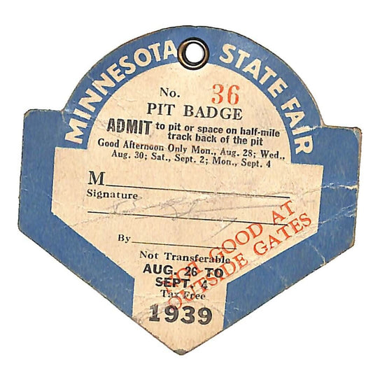 1939 Minnesota State Fair Pit Badge #36 Auto Races Pit Pass Scarce