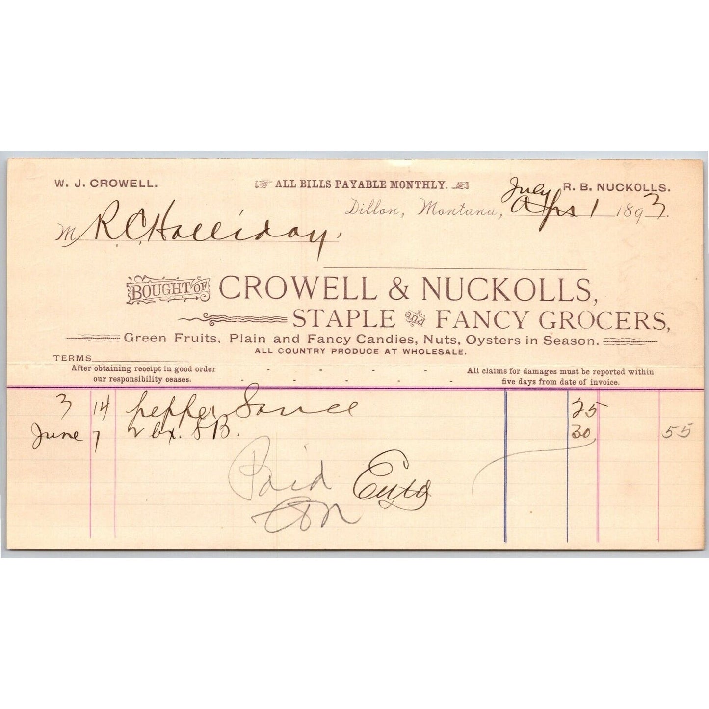 Dillon MT Crowell & Nuckolls 1893 Billhead Staple Fancy Groceries R.C. Halliday*