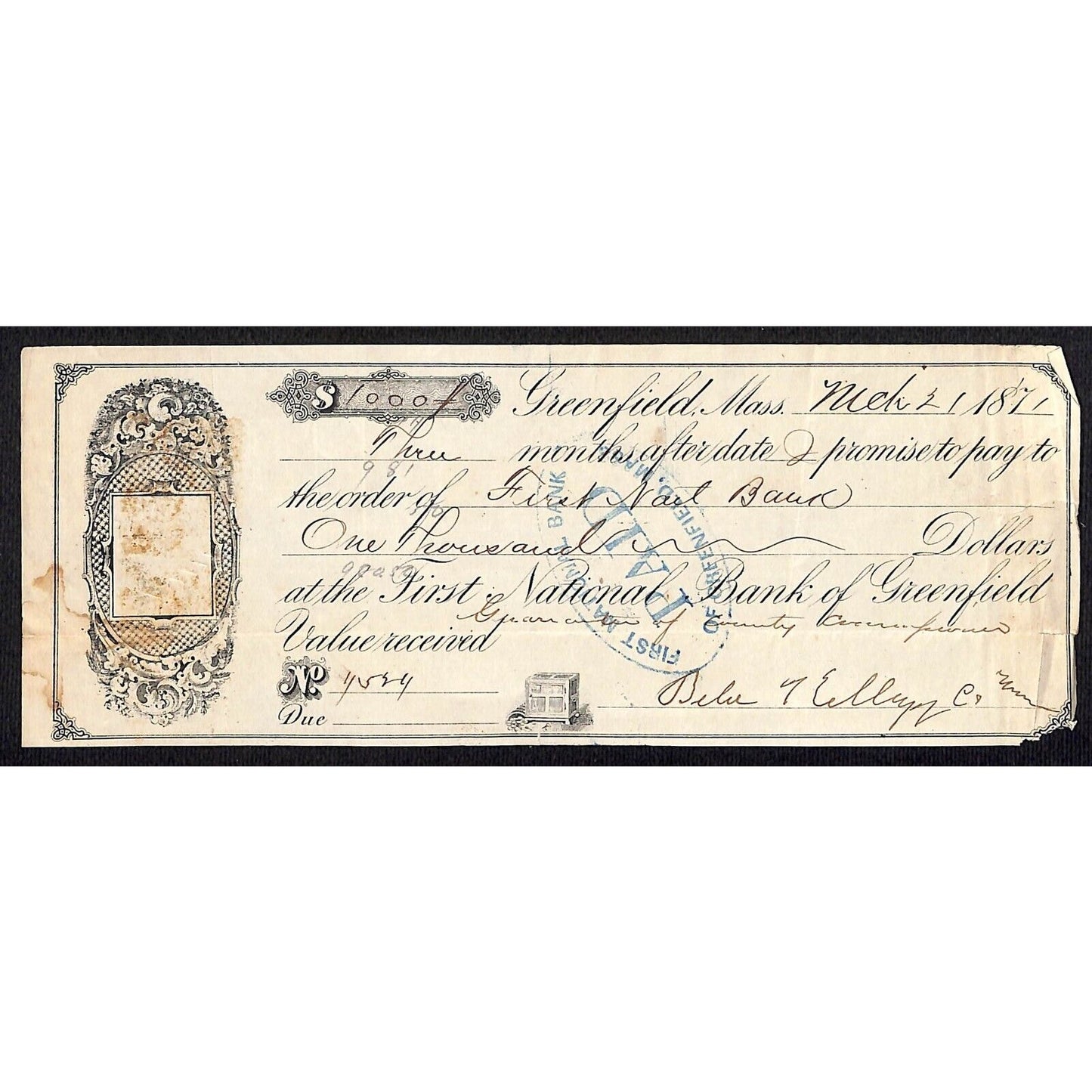 1871 First National Bank of Greenfield MASS $1,000 Promissory Note