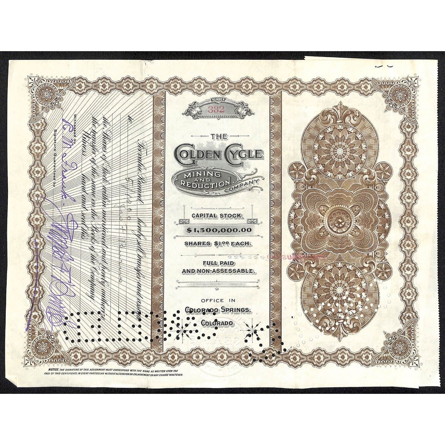 Golden Cycle Mining 1915 Stock Certificate w/ James F. Burns Sig. #382