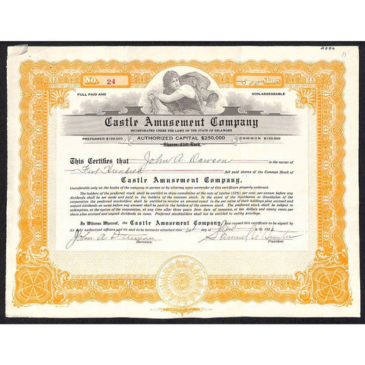 Castle Amusement Company Wilmington, DE 1922 Stock Certificate #24 Scarce