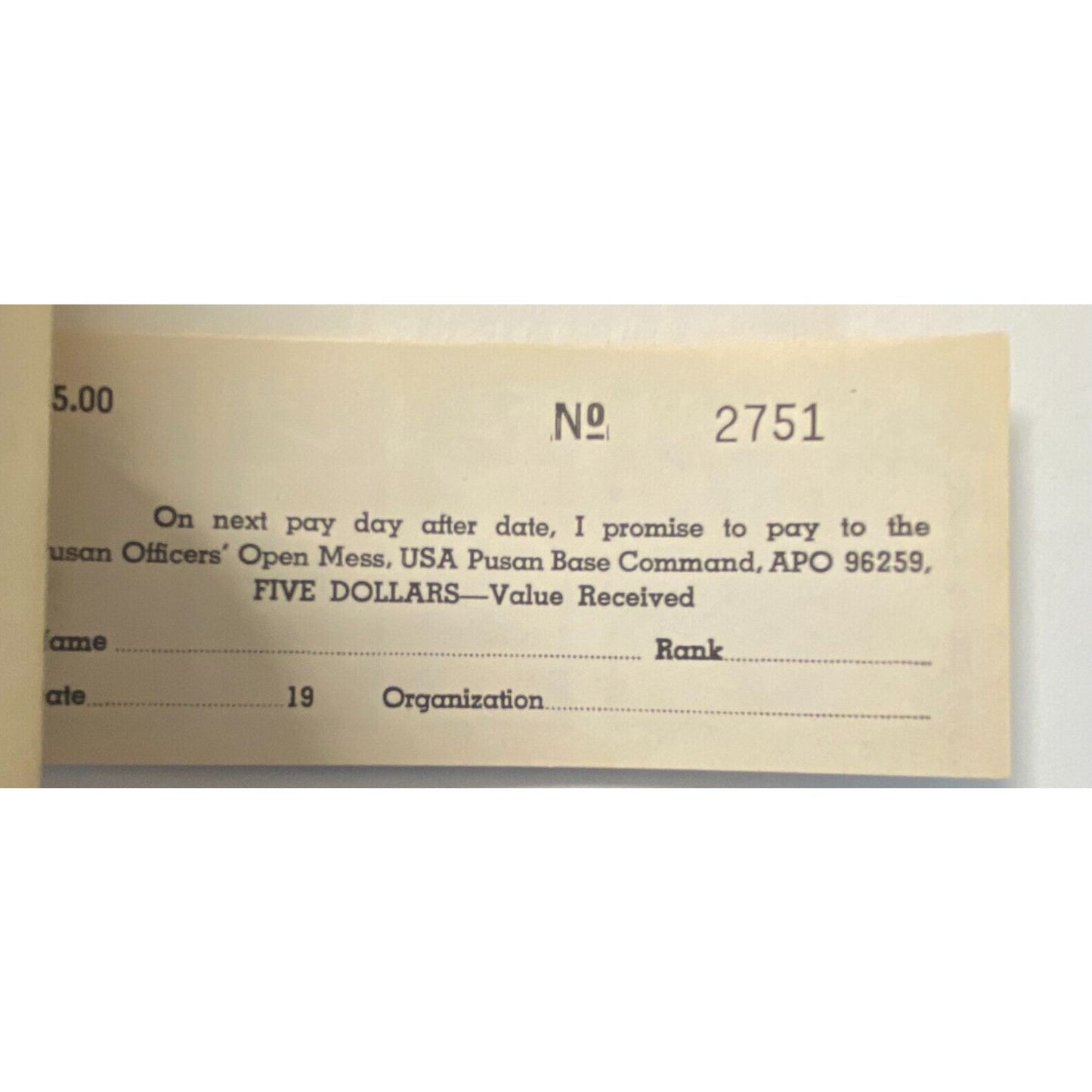 Korea U.S. Army Pusan Officers' Open Mess Partial $5.00 Coupon Booklet c1970 VGC