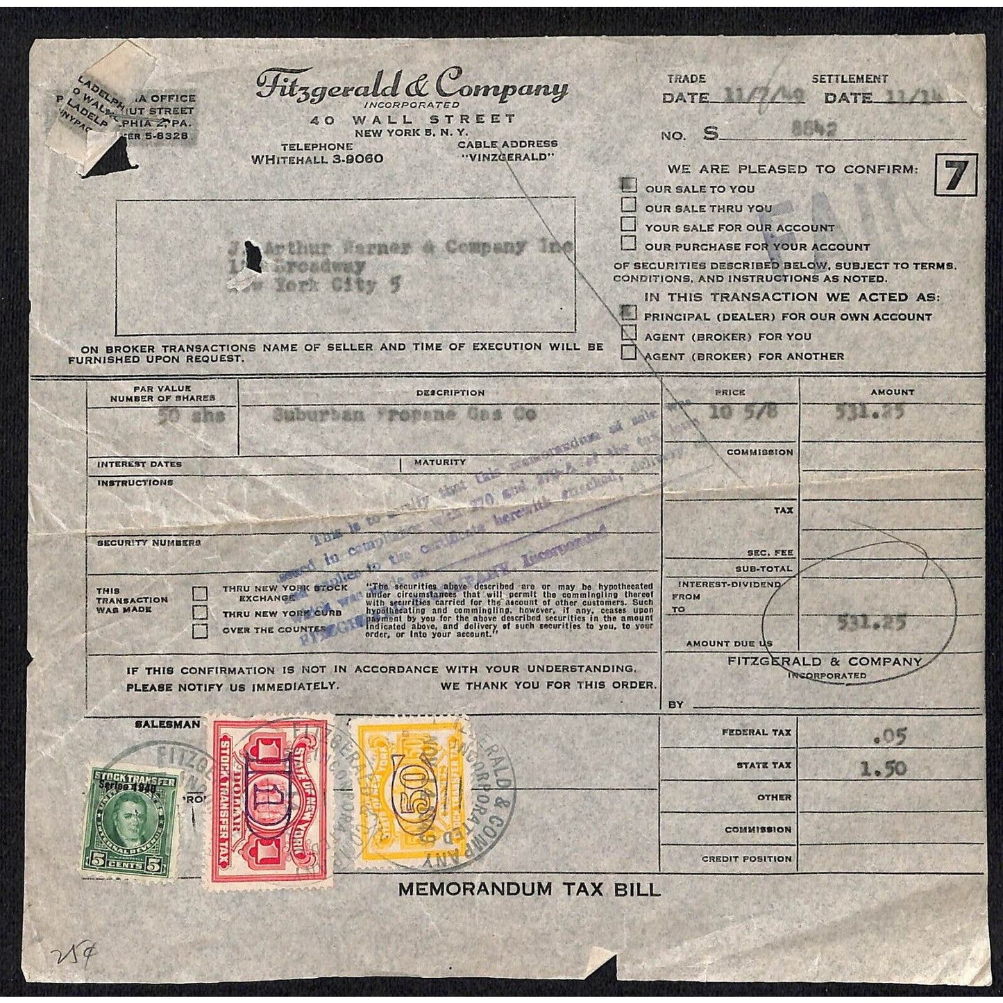 Fitzgerald & Company 40 Wall Street NYC 1949 Tax Bill Memo w/ Tax Stamps