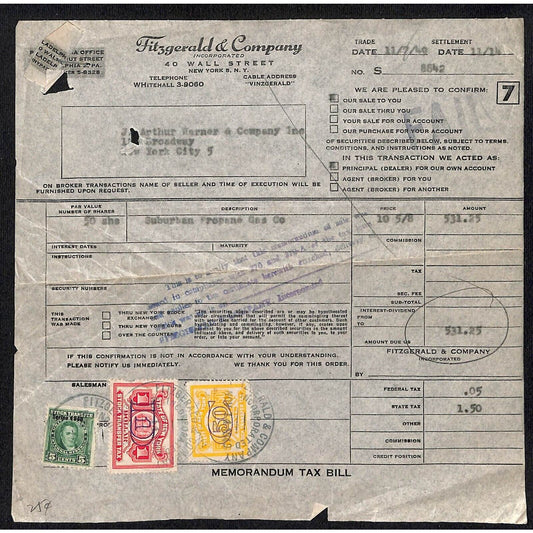 Fitzgerald & Company 40 Wall Street NYC 1949 Tax Bill Memo w/ Tax Stamps