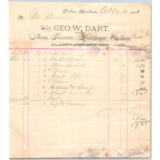 Dillon, MT Geo. W. Dart Hardware 1885 Billhead Stoves Tinware Glassware Crockery