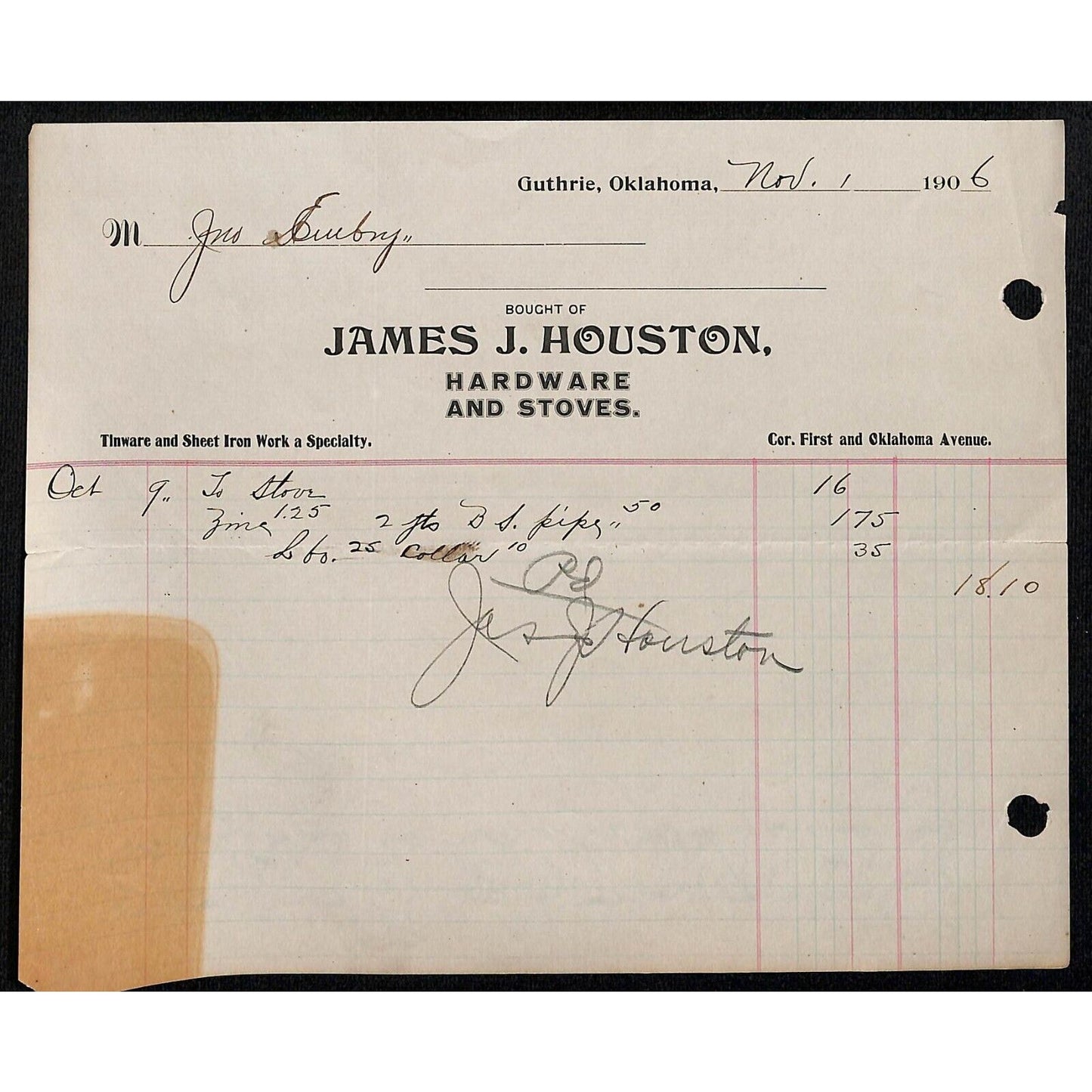 1906 James J. Houston Hardware and Stoves Guthrie, OK Territorial Billhead