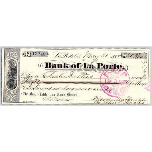 Bank of La Porte Check Charles Wolters 1885 Mining Vignette #13749