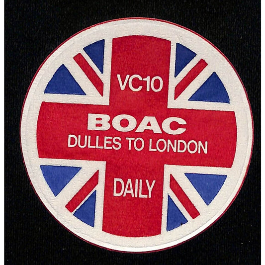 BOAC Dulles to London Daily VC10 Embossed Textured Sticker 3 1/4" dia. c1970