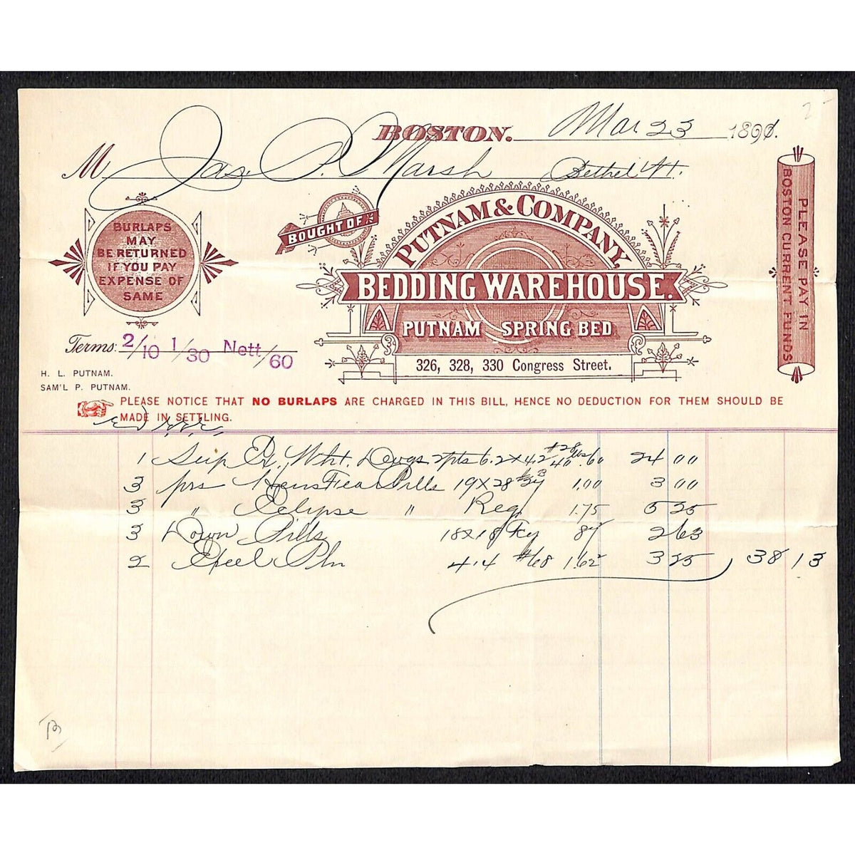 Putnam & Company Bedding Spring Bed 1891 Billhead to J.P. Marsh Bethel, VT*