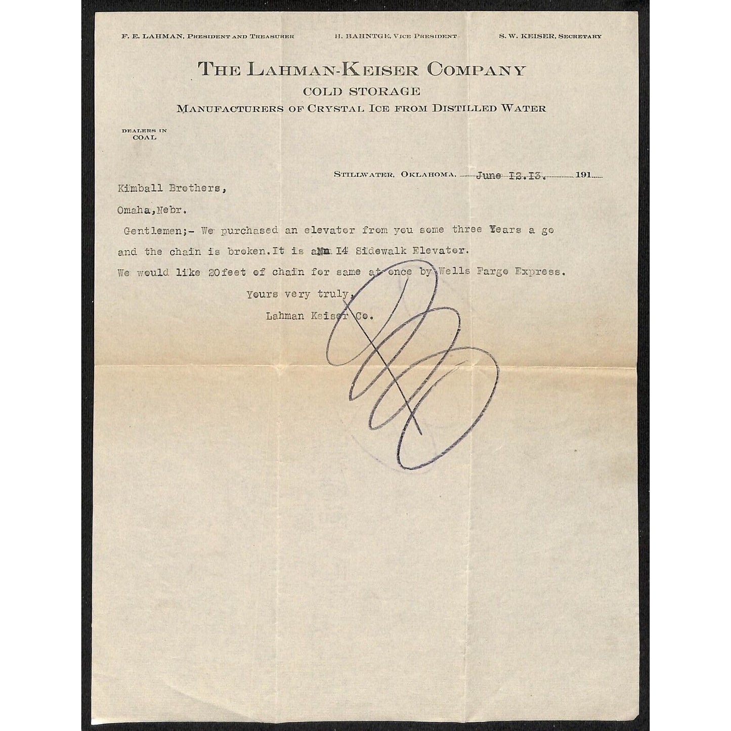 1913 Lahman-Keiser Co. / Crystal Ice Stillwater, OK Kimball Elevator Letterhead