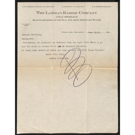 1913 Lahman-Keiser Co. / Crystal Ice Stillwater, OK Kimball Elevator Letterhead