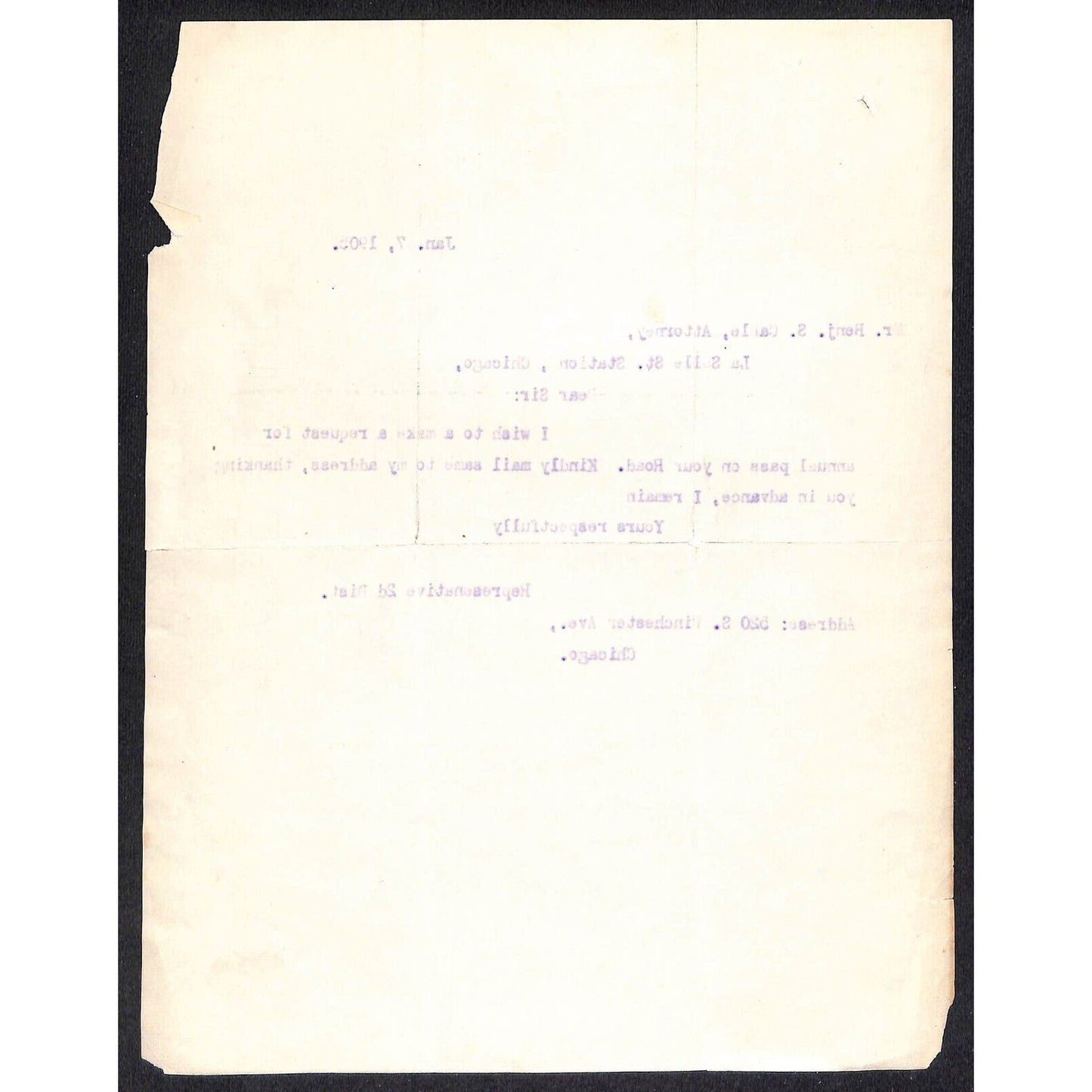 Illinois Secretary of State 1891 Letterhead to La Salle St CRI&P re: Yearly Pass