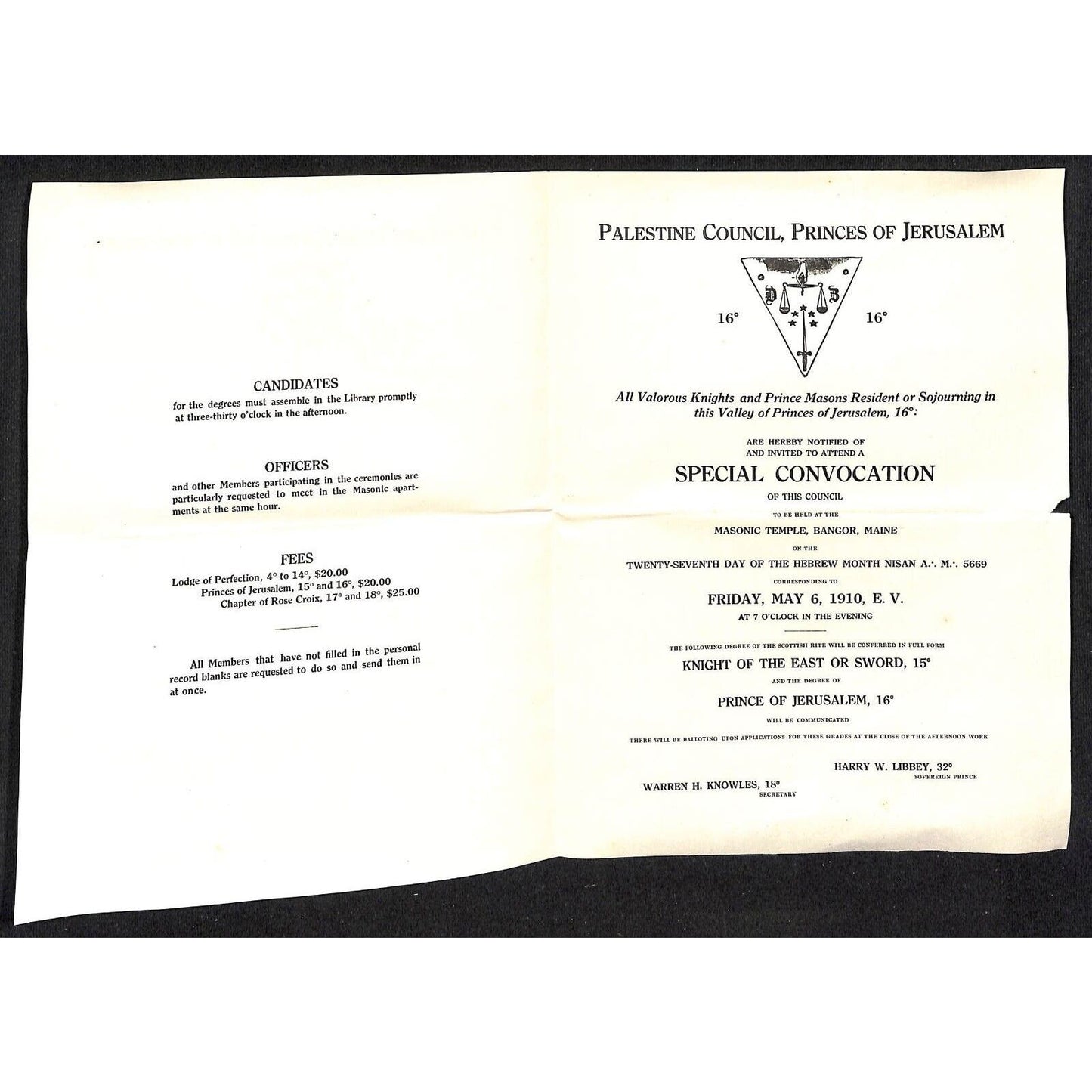 Bangor Masonic Temple / Rose Croix 1910 Special Meeting Notices - Knowlton*