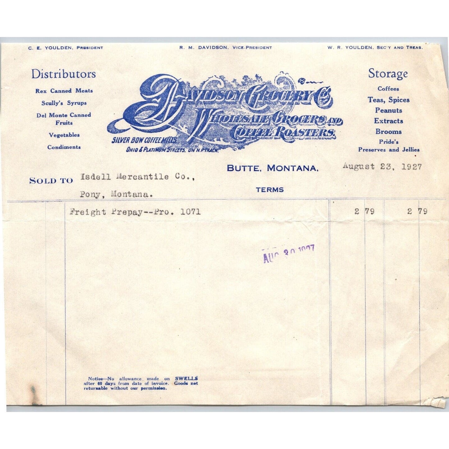 Butte, MT Davidson Crockery Grocers Coffee Roasters 1927 Billhead