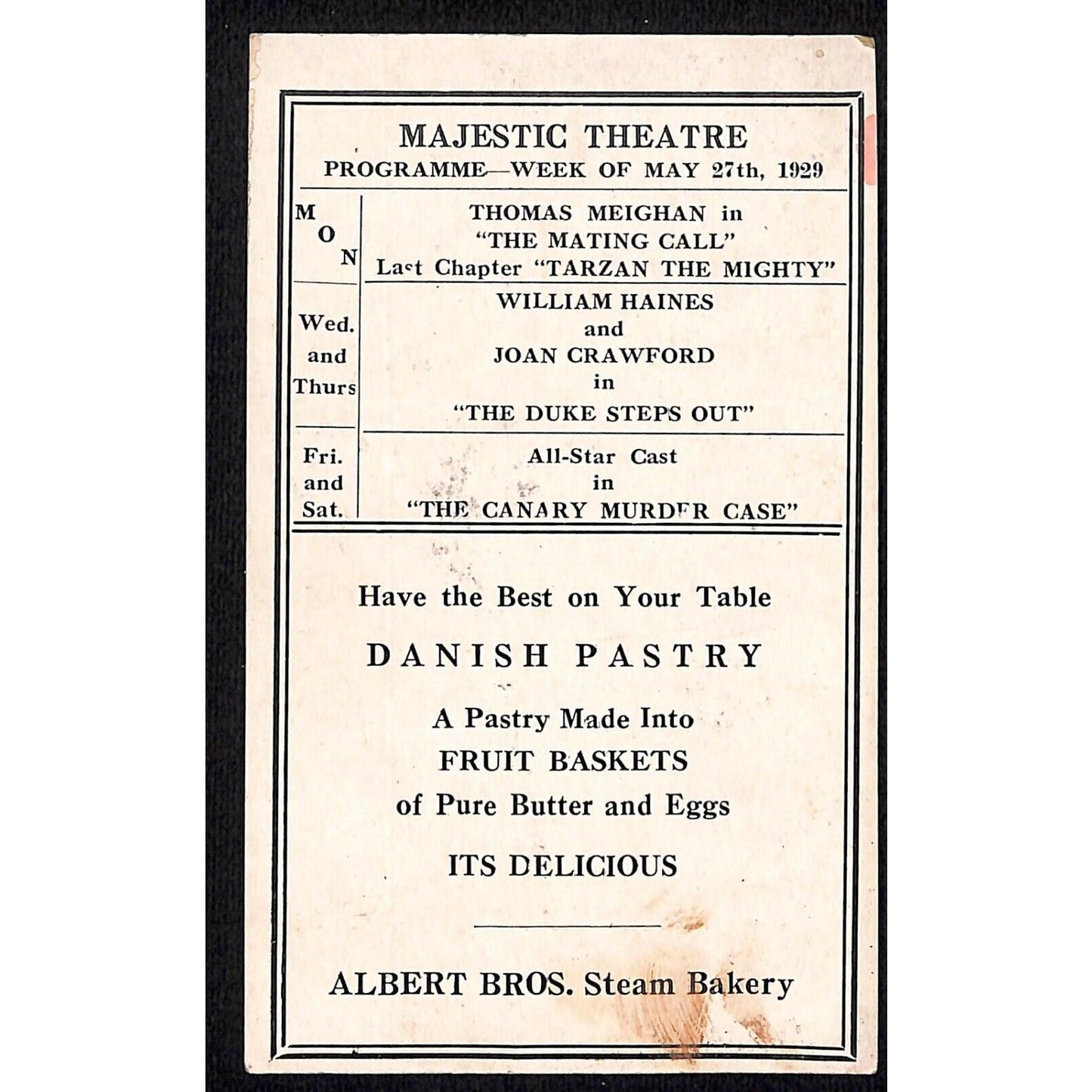 Majestic Theatre Myerstown PA 1929 "The Duke Steps Out" Program Card (#3) Scarce