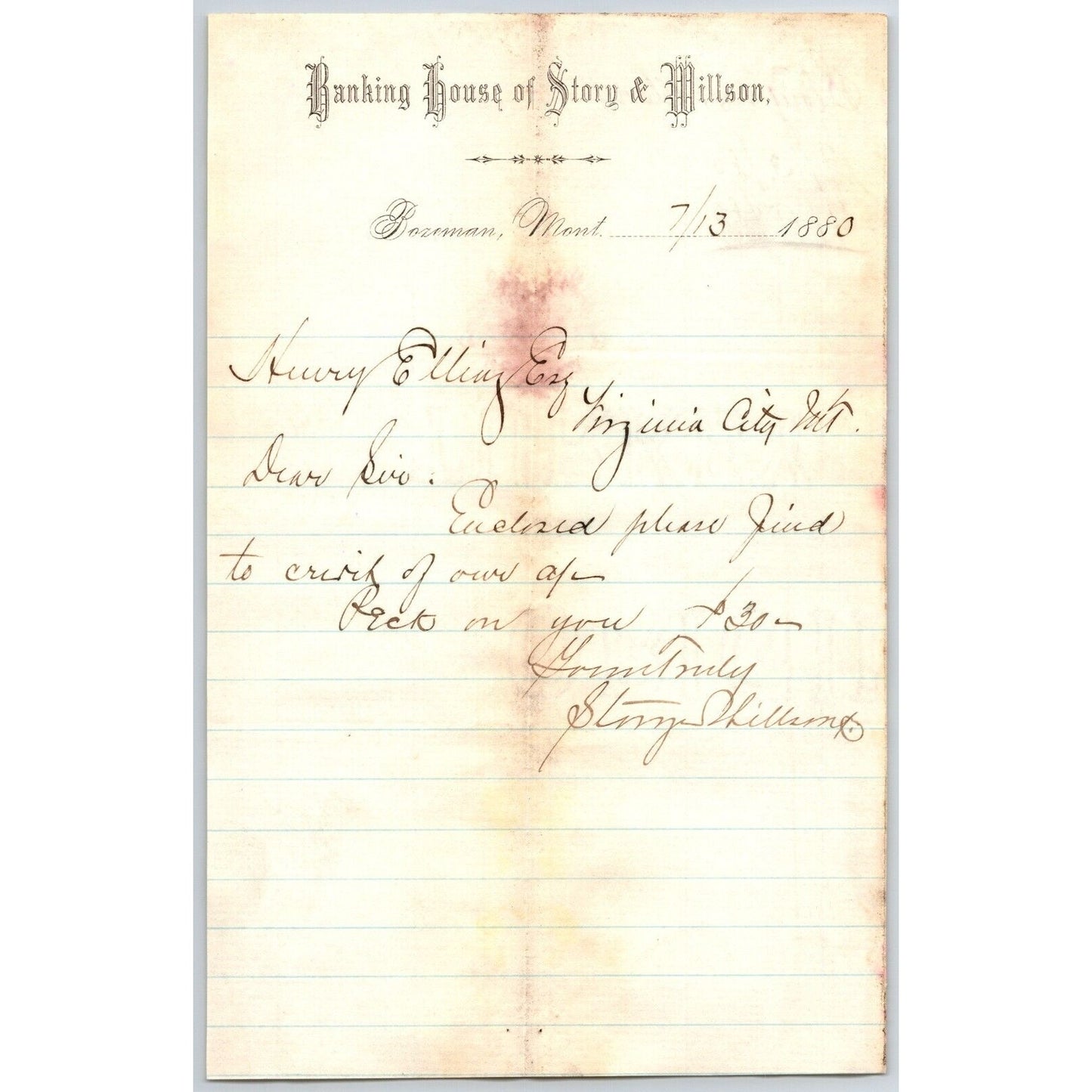 Banking House of Story & Nelson Bozeman, MT 7/13 1880 Letterhead Henry Elling*